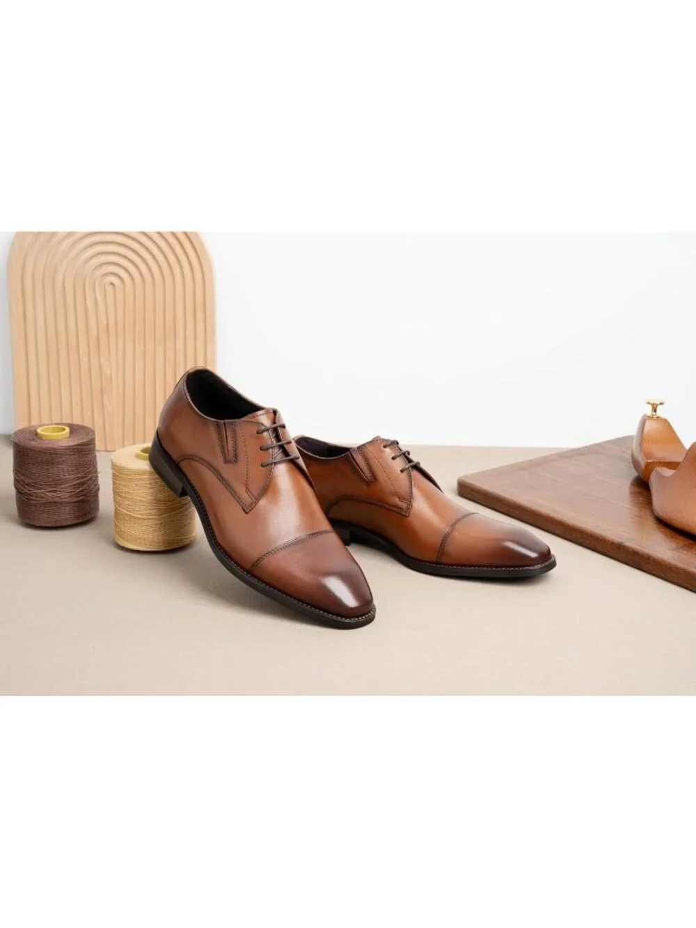 Men's Yellow Brown Leather Cap Toe Formal Lace Up Business Oxford Dress Shoes